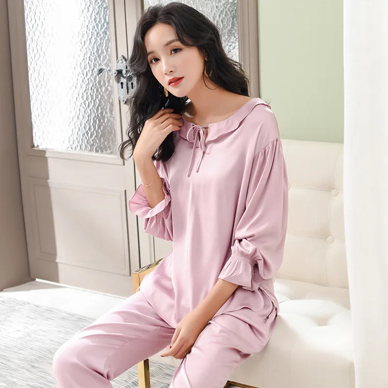 

Pajamas Women's Spring And Autumn Long Sleeve Ice Silk Tracksuit Women's Summer Thin Model Silk Middle-aged Top Grade Solid Colo