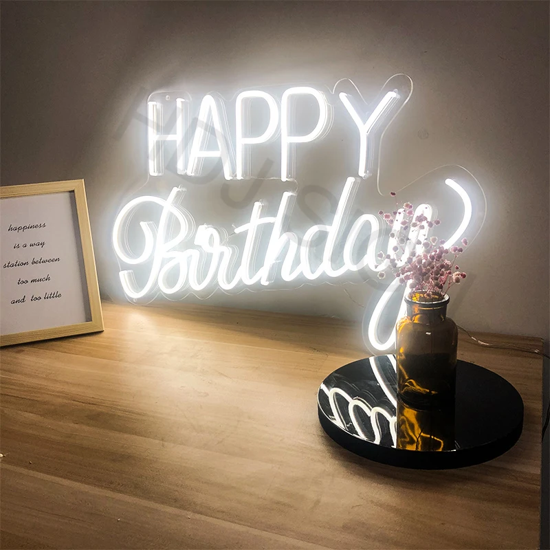 

Custom Logo Happy Birthday 3D Led Flex Transparent Acrylic Plexiglass Neon Sign Light Letter Board Party Background Decor