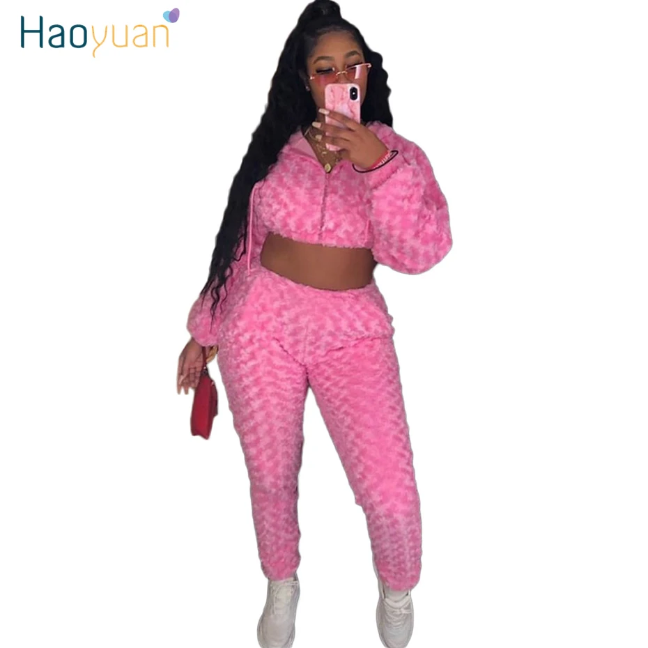 

HAOYUAN Velvet Autumn Winter Outfits Plus Size 2 Piece Set Tracksuit Women Plush Crop Jacket and Pants Two Piece Matching Sets