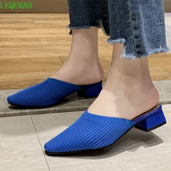 

New Knitting Pointed Toe Fashion Women Female Half Slippers Slides Square heel Stilettos Mules Loafers Casual Slipper Shoes