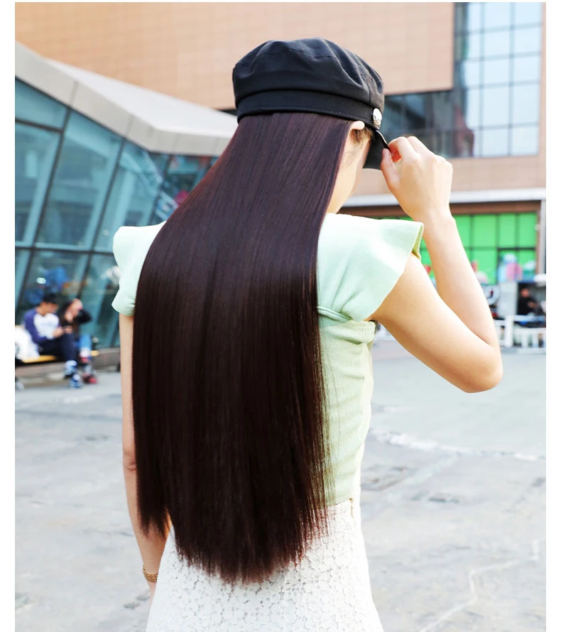 Nero di modo berretto Blu Marino della protezione del cappello con Parrucca  di capelli Lungo rettilineo brunette Parrucca Cappello - AliExpress