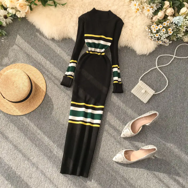 

LUOSHA Women Autumn Winter Colorful Striped Knitted Bottom Straight Dress Female Slim Sheath Sweater Dresses Casual Vestidos
