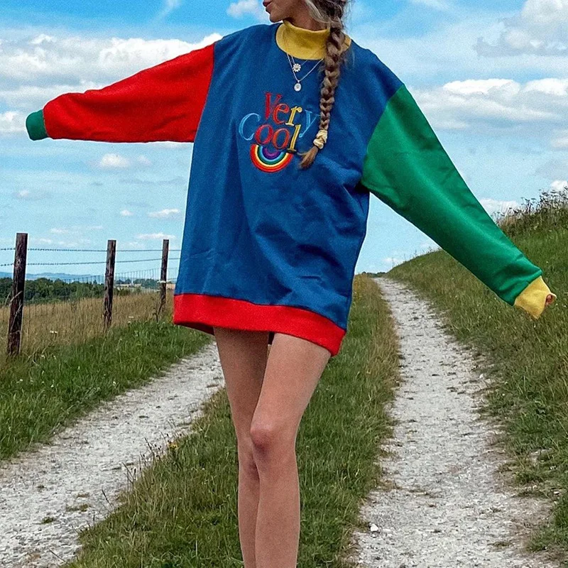 

NCLAGEN Rainbow Letter Contrast Color Women Long Sleeve Casual Hoodies High Neck Streetwear Girl Spring Fall Sweatshirt Pullover