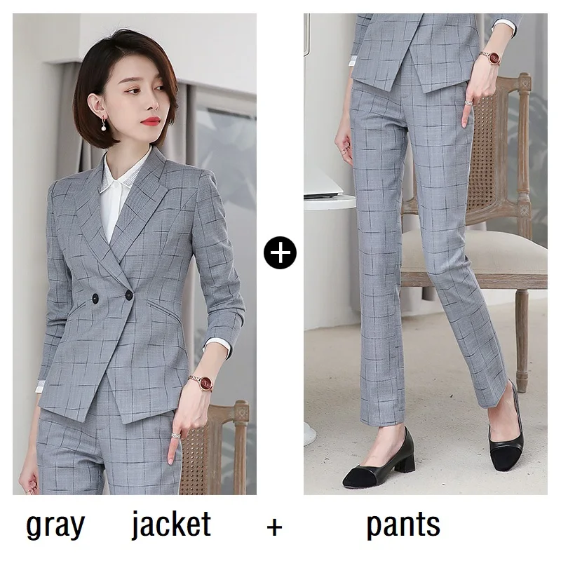 gray jacket pants Женские костюмы, приталенный весенний пиджак с длинным рукавом и штаны, комплект из 2 предметов, деловой женский брючный костюм, женский комплект, костюмы 6963 - Цвет: gray jacket pants