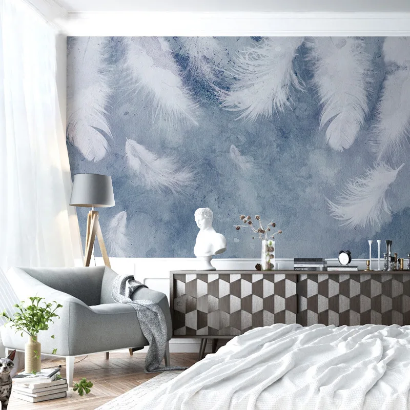 

Ink Background Hand-Painted Feather Hipster Northern European-Style TV Backdrop Mural Wallpaper Bedroom Wall Art