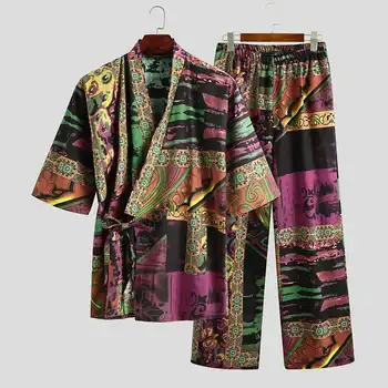 

2020 Fashion Men Half Sleeve V Neck Printed Lace Up Tops Cotton Pants Sleepwear Nightwear Kimono Yukata Suits Men Pajamas Sets