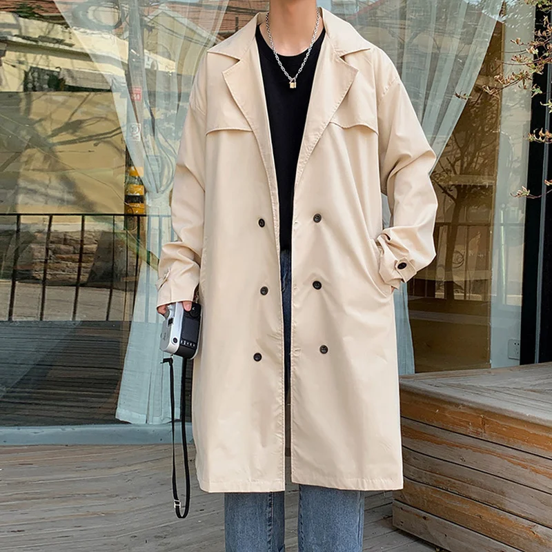 Trench Coat Men Oversize Solid Double Breasted Loose Turn-down Collar Sashes Korean Fashion