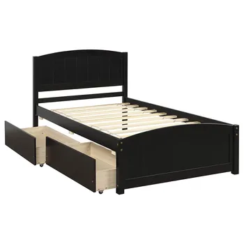 

Bed Frame For Bedroom Home Furniture Solid Wood Rolling Platform Bed Frame Twin Size Platform Bed With Two Drawers