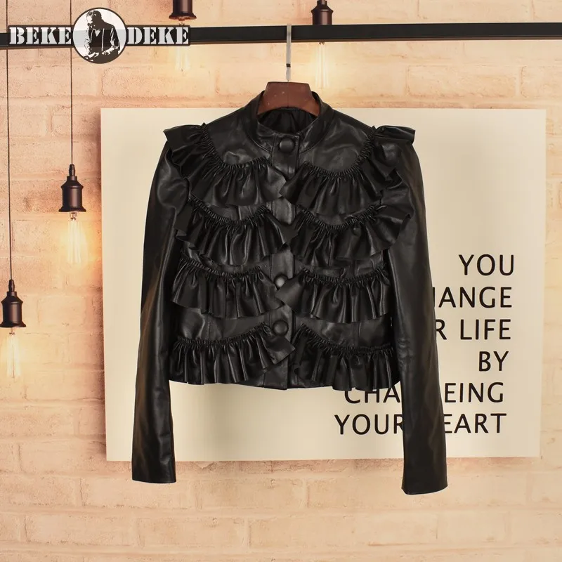 

Spring Long Sleeve Ruffle Short Jacket Women Stand Collar Single Breasted Slim Casual Outwear Tops Real Leather Sheepskin Coat