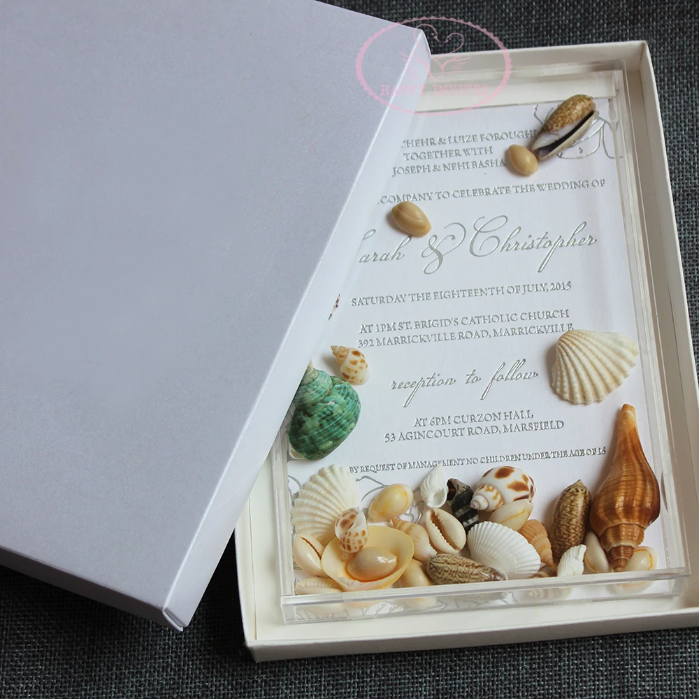 HI4082-07 Fantastic Acrylic Box Invitation with Natural Shellfishes Conches for Beach Wedding Factory Price Made in China