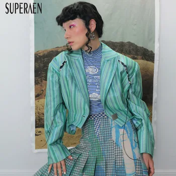 

SuperAen New 2019 Autumn Short Suit Jackets Women Hollow Wild Fashion Striped Ladies Jackets Cotton and Linen Women Clothing