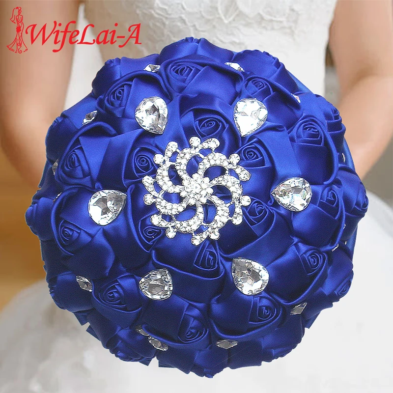 

WifeLai-A Gorgeous Wedding Flowers Royal Blue Silk Ribbon Rose Bridal Bouquets Holding Flowers With Crystal buque de noiva W291