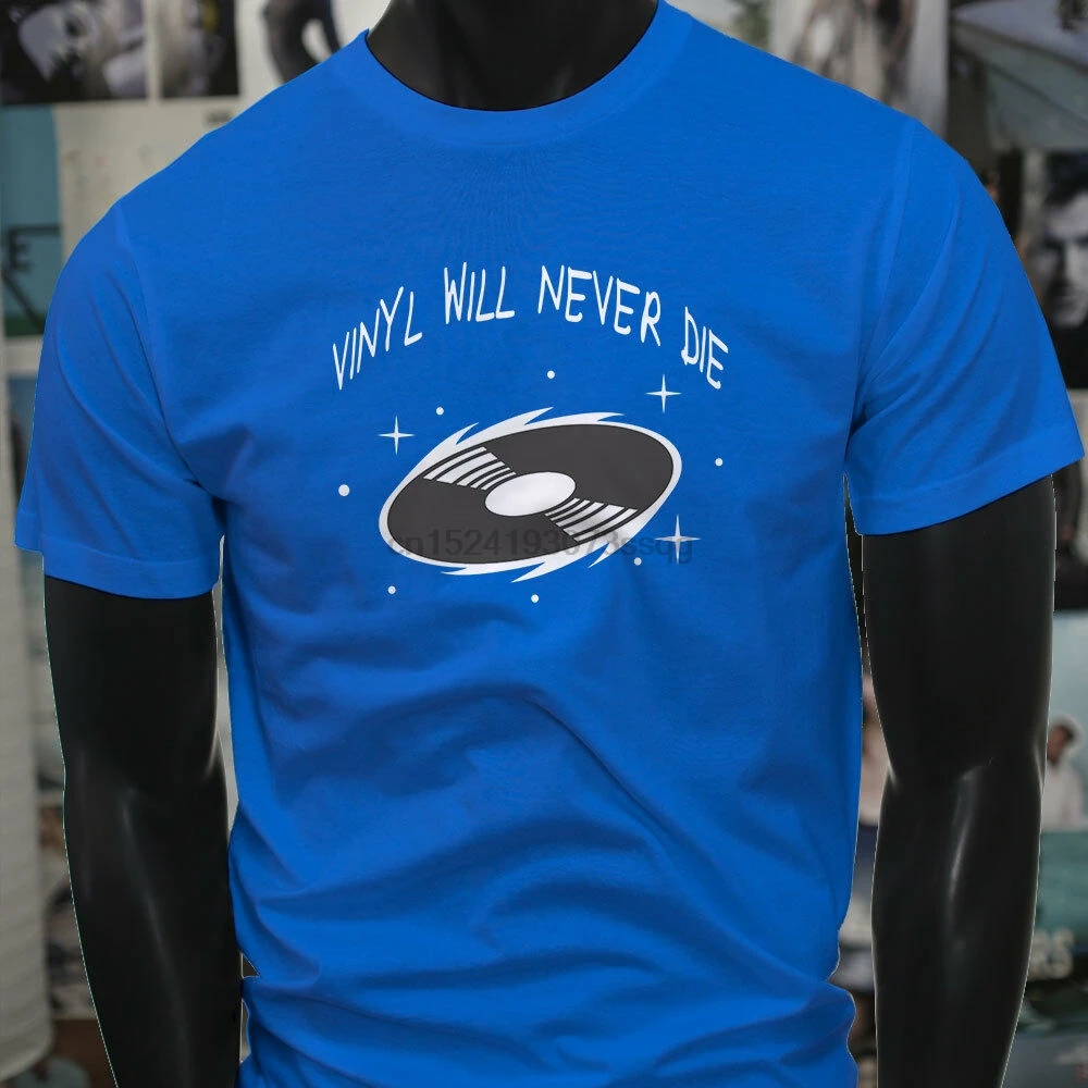 VINYL WILL NEVER DIE RETRO VINTAGE RECORD MUSIC Mens Blue T-Shirt |