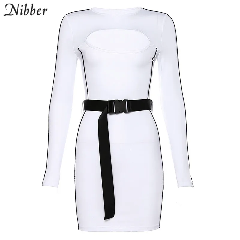 Nibber/осеннее Новое лоскутное платье для отдыха с полым поясом, черное, белое, чистое облегающее мини-платье, эластичное платье для активного отдыха, Mujer - Цвет: Белый