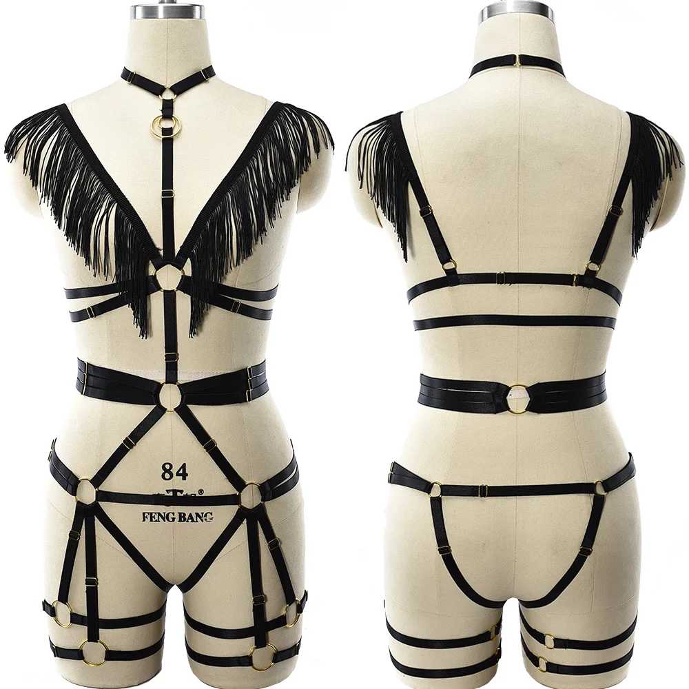 

JLX.HARNESS Tassels Lingerie Set Harness Bra Black Body Cage Sexy Garter Belt Rave Dance Goth Clothes Punk Bondage Body Harness