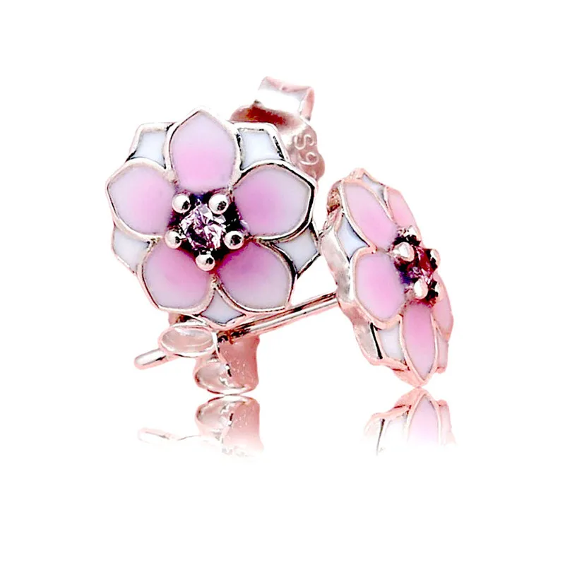 

Pure 100% 925 Sterling Silver Earrings Pans Rose Pink For Women Flower Fine Europe Jewelry Birthday Gift Stud Earring