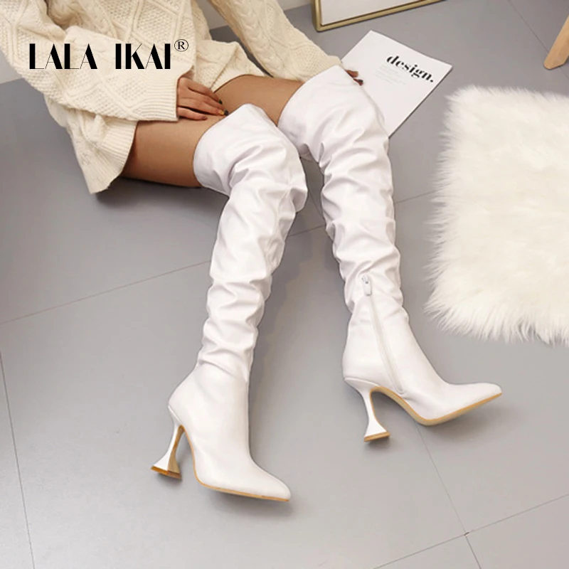 LALA IKAI Women Knee Boots Folds Long Stiletto Boot Slip-on 2020 Fashion Point Toe Riding Female Autumn Winter C10361-4 | Обувь