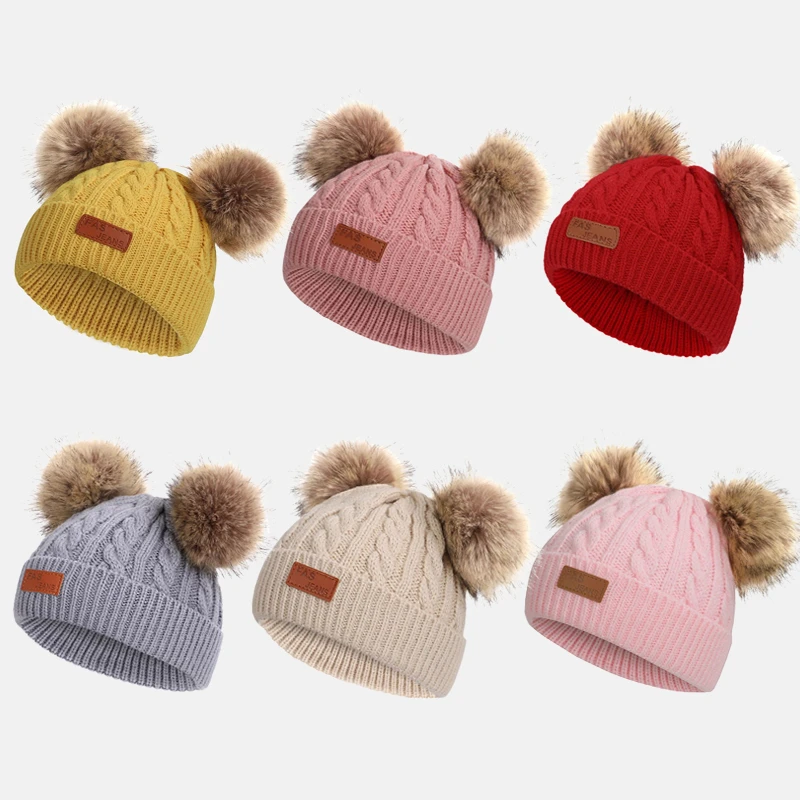 

Autumn Winter Keep Warm Hat Double Ball Cute Children Wool Hats for Girls Boys Knitted Baby Hat