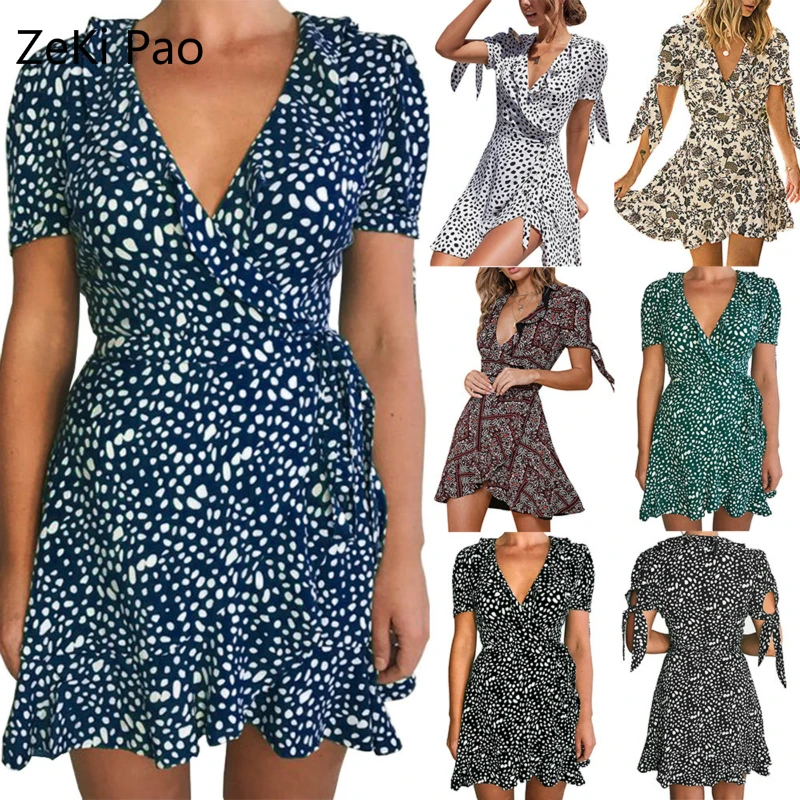 

Summer 2020 V-neck Short-sleeved Printed Short Dress Fashion Sexy Bow Ruffled Dress Temperament Commuter Beach Style Dress