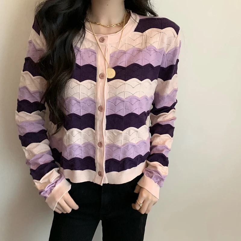 

2020 autumn hollow out knitted sweater cardigan womens purple stripe long sleeve tops womens