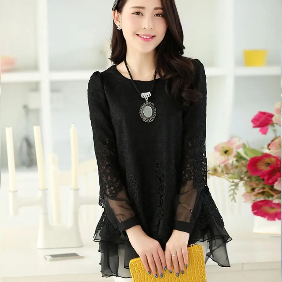 Blusas femininas блузка с длинными рукавами весна формальная винтажная Корейская женская цветочная открытая Прозрачная Кружевная шифоновая блузка N15
