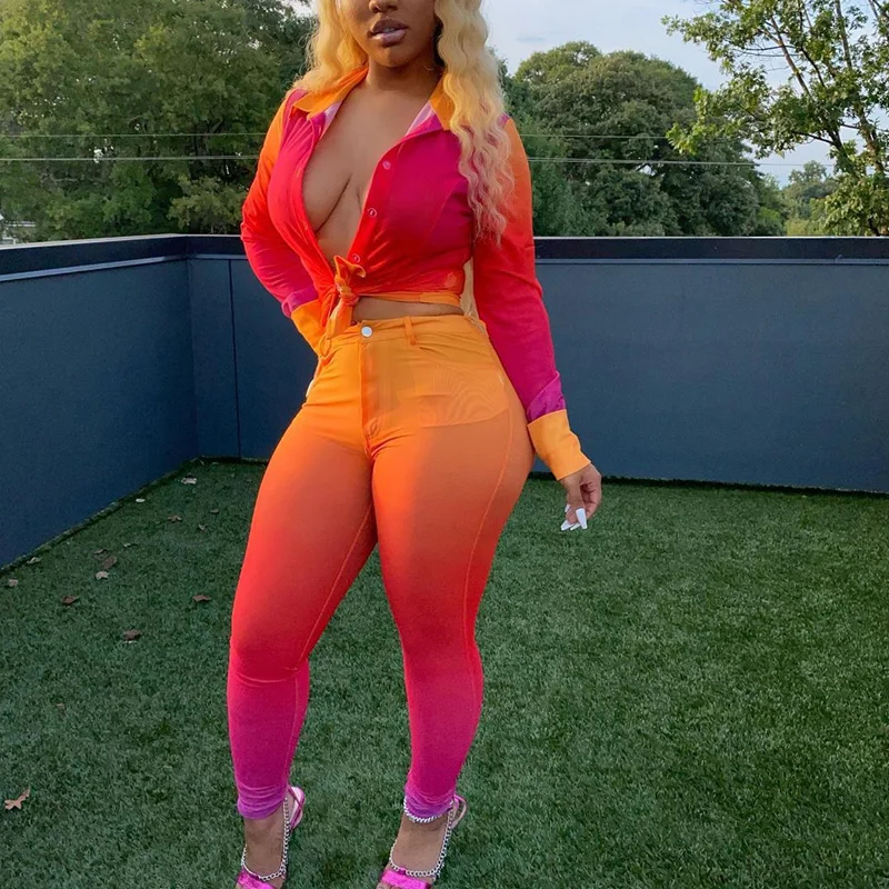 

Gradient Color Printed 2 Piece Sets Women Long Sleeve Single breasted Blouse & Bodycon Pant Set Fall Clothes Slim Outfits