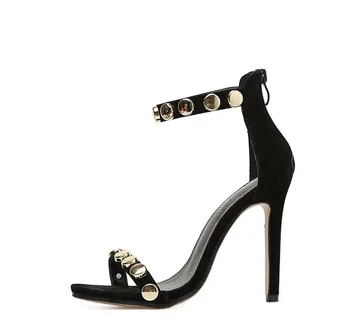 

Designer Woman Sandals Black Peep Toe Block High Heels Pumps Buckle Strap Metal Gold circle Suede Stilettos sandalias mujer