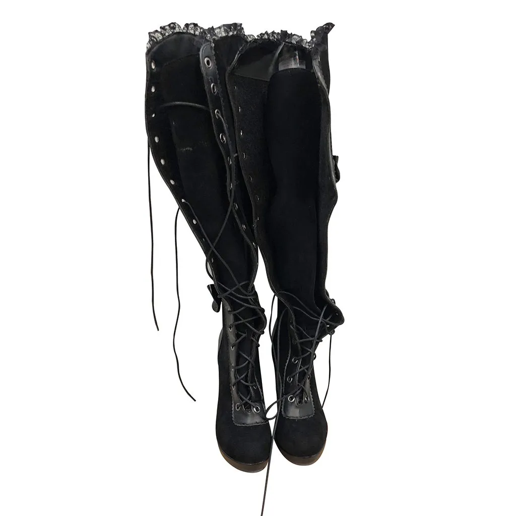 

Fashion Women Cosplay Black Vegan booties Leather Over Knee Boots Gothic Lolita Bows knee high wedge boots #3s
