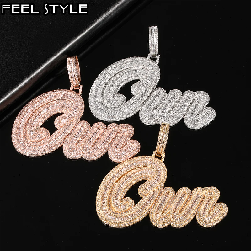 

Hip Hop Cursive Brush Baguettes CZ Custom Name Necklaces Letters & Pendant Bling Cubic Zirconia For Men Women Jewelry With Solid