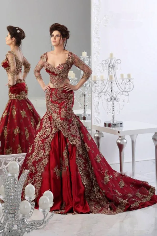 

Two Pieces Wedding Dresses Mermaid Sweetheart Indian Jajja-Couture Abaya dubai Burgundy Bridal wedding Gowns with Sleeves Lace
