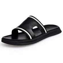 Летние мужские шлепанцы из натуральной кожи; сандалии; Вьетнамки; пляжная обувь; сандалии-шлепанцы в полоску; дизайнерские шлепанцы с мягкой подошвой; Цвет Черный