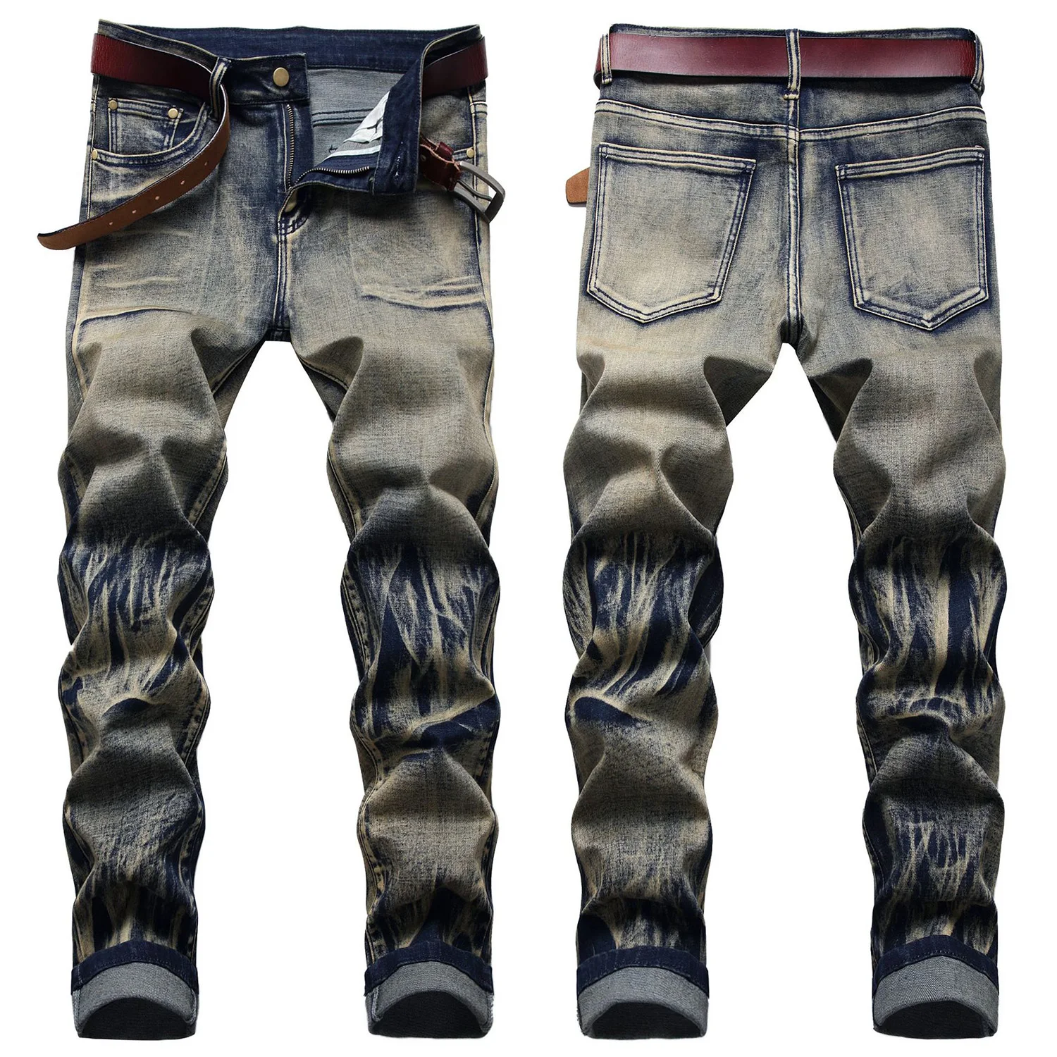 

Men’s Retro Slim-fit Denim Pants,Hard Washed&Old-Colored Street Fashion Jeans,Stretch Straight Long Pants,Youth Must;