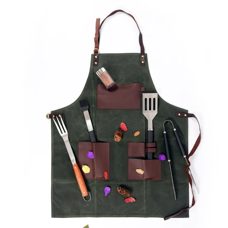 WEEYI Vintage Green Waxed Canvas Grill Aprons For Woman Men Unisex Aprons For Kitchen Cooking Baking BBQ Coffee Shop Work Apron