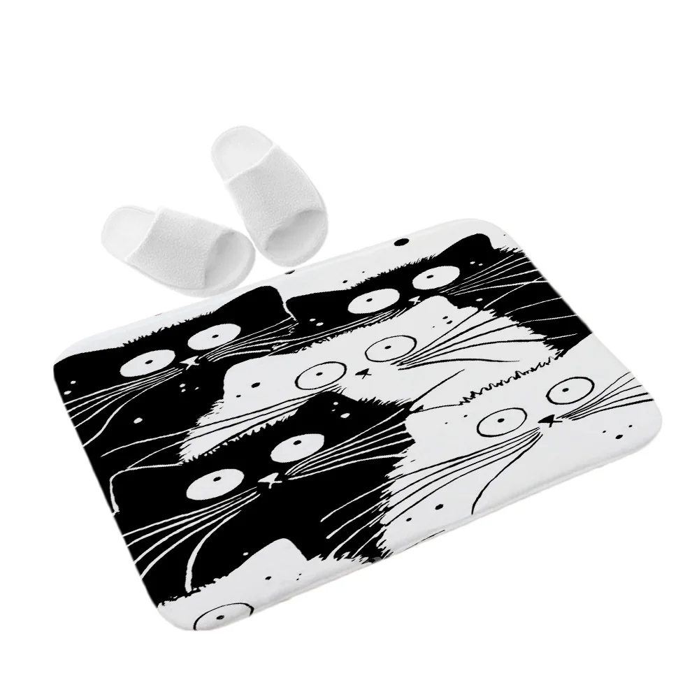 Маленький коврик с мультяшным животным, подходит для детской комнаты, гостей, черный и белый кот, фланелевый напольный коврик с принтом для ванной комнаты, нескользящий
