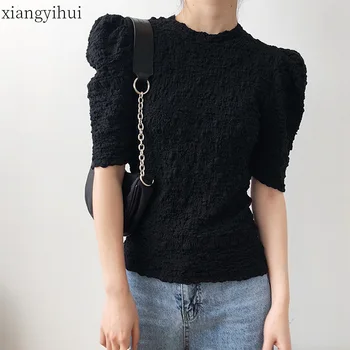 

Fashion Puff Sleeve Slim Fit Tshirt Female Women's Summer Short Sleeve Black T-shirts 2020 Korean Style Women Chic Casual Tops