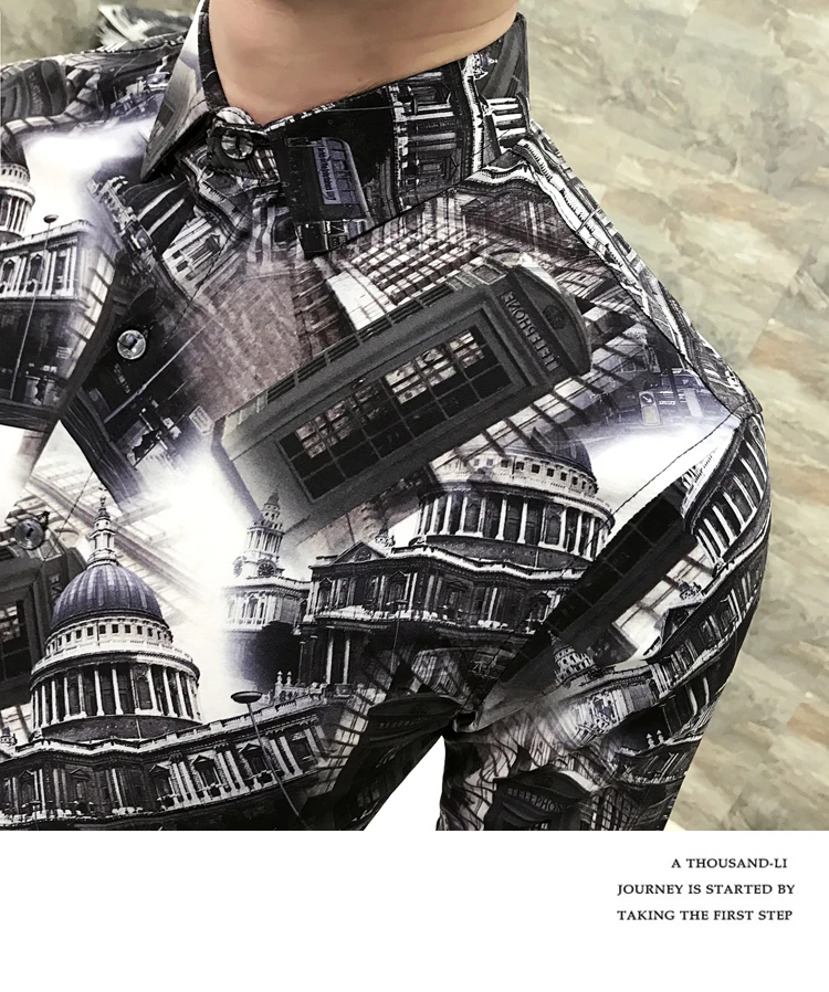Camisa Masculina/Весенняя Новая мужская рубашка с длинными рукавами и цветочным принтом; модные облегающие рубашки для ночного клуба; Chemise Homme