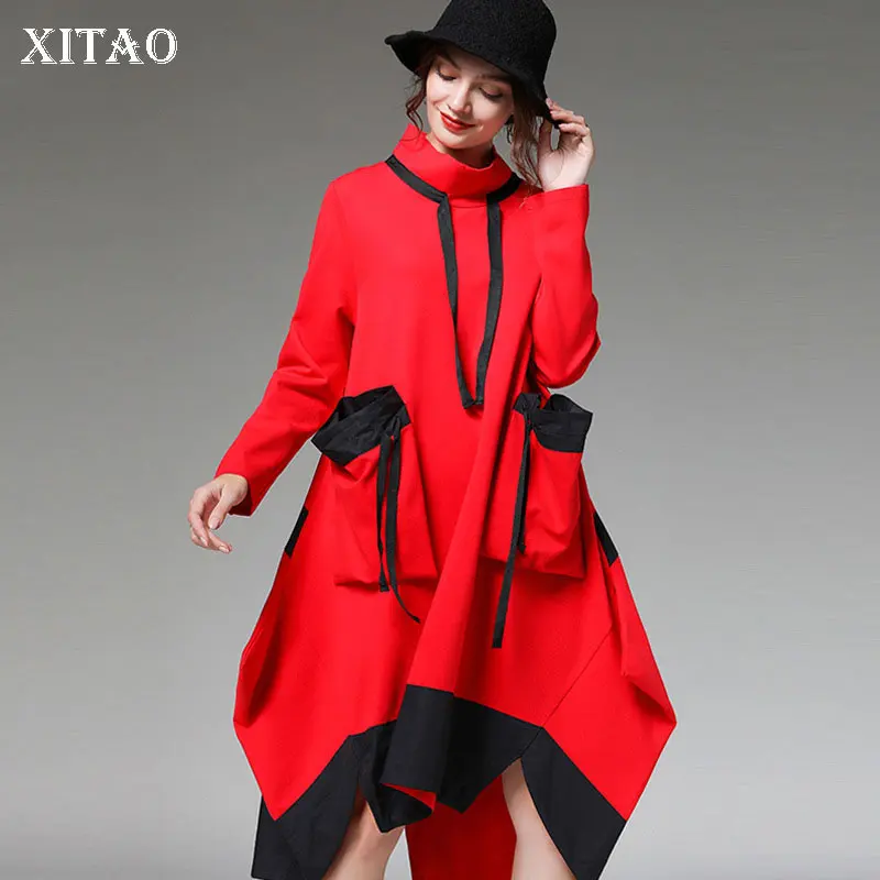 XITAO Hit Color Bandage Midi Dress Women Plus Size Irregular Pocket Bow Elegant 2019 Autumn Small Fresh Casual WLD3008 | Женская одежда