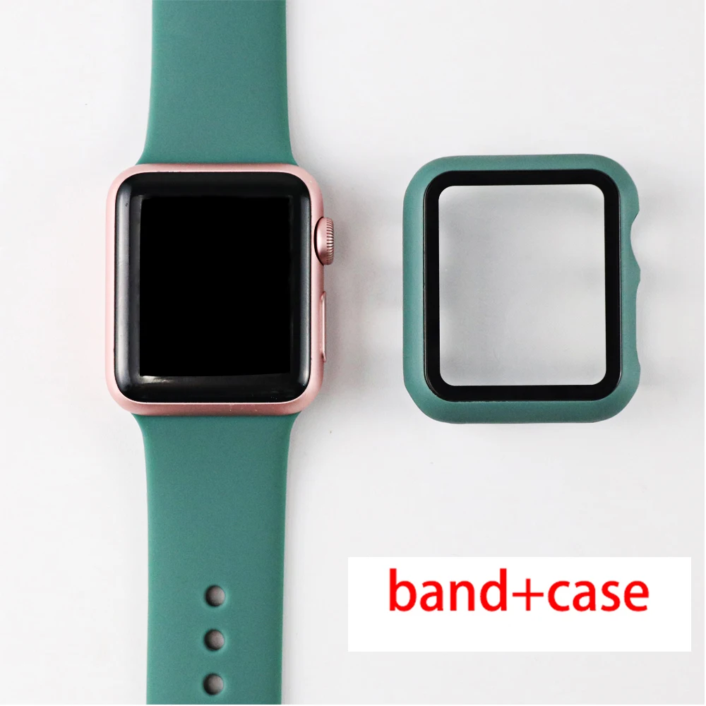 Pink green Спортивный силиконовый ремешок+ чехол для Apple Watch 44 мм 40 мм серия 4 5 полный закругленный протектор экрана для iWatch Группа 42 мм 38 мм серия 3 2 - Цвет ремешка: Pink green