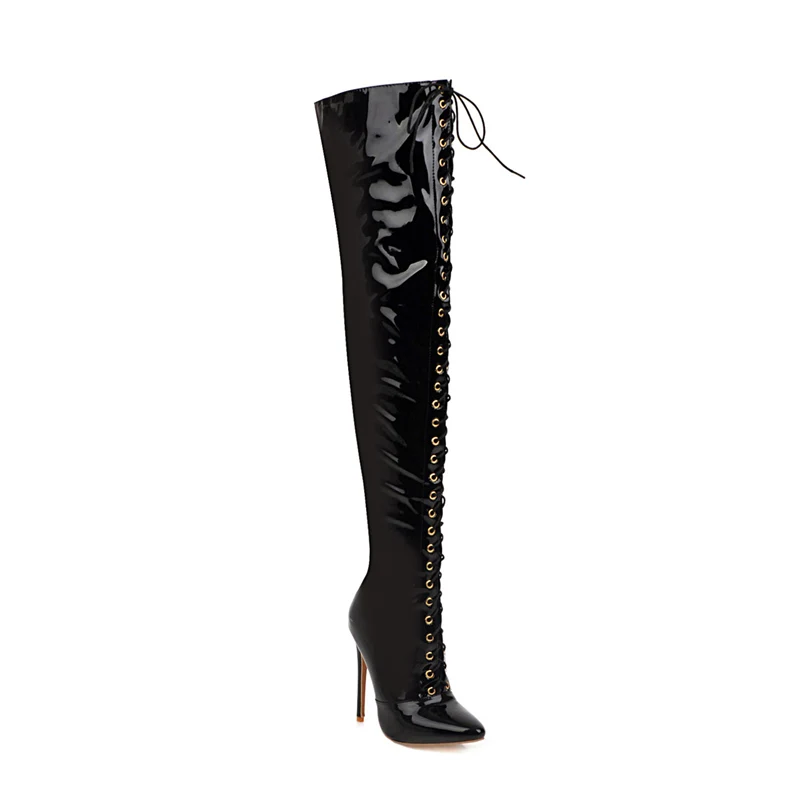 Высокие сапоги на высоком каблуке размера плюс 48 женские пикантные ботфорты из лакированной кожи на шнуровке женская обувь для танцев в ночном клубе - Цвет: Черный