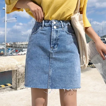 

Denim Skirt Women Summer Blue Solid Casual High Waist A Line Denim Skirts High Street Pockets Button All-matched Jeans Skirt