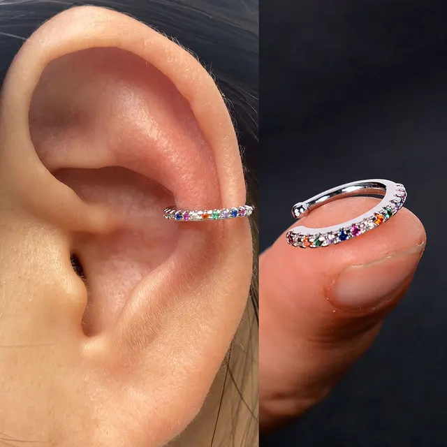 Boucles d'oreilles à Clip pour femmes et filles, 1 pièce, géométrie creuse arc-en-ciel, CZ, manchette, grimpeur, Cartilage, os, faux boucle d'oreille, Non Piercing