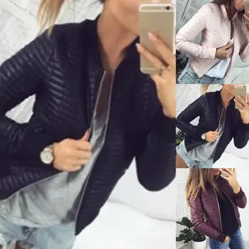 

Women Winter Solid Color Stand Collar Zipper Pocket Lightweight Warm Slim Jacket