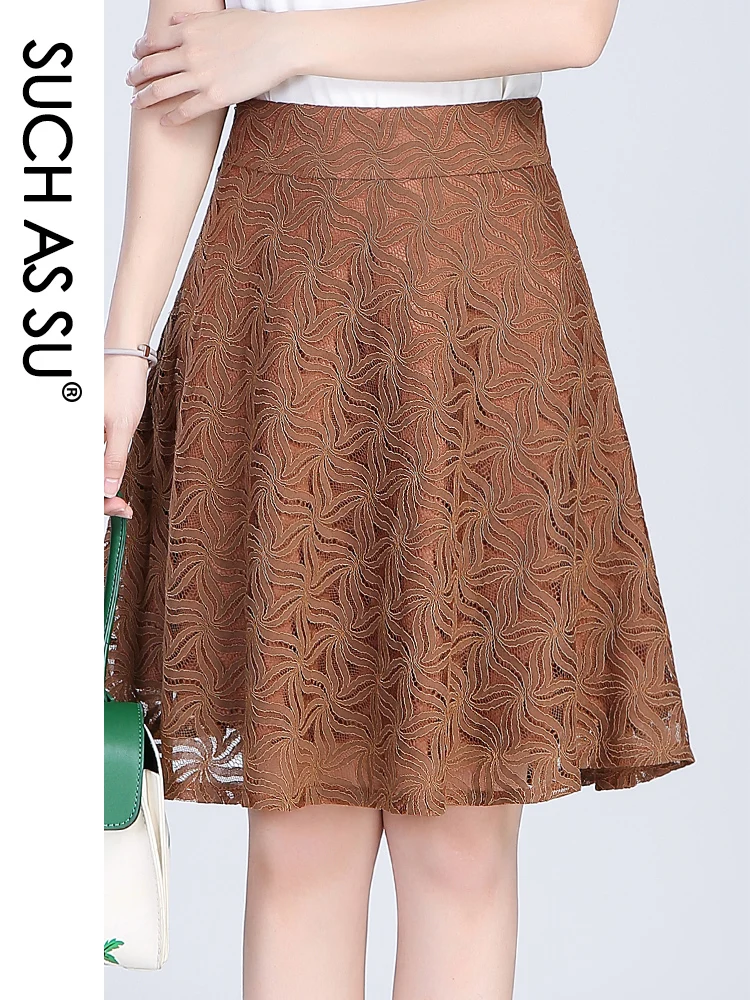 SUCH AS SU Women 2021 Spring Summer Lace High Waist Ladies Black Brown Green A-Line S-XXXL Size Female Knee-Length Skirt