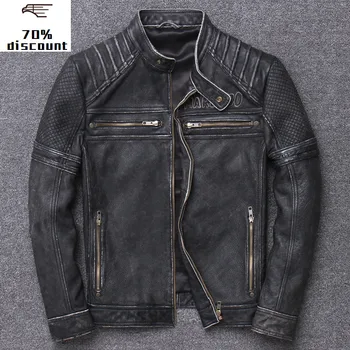 

2020 Vintage Brown Men Short Motorcycle Leather Jacket Plus Size 5XL Genuine Cowhide American Slim Biker's Coat FREE SHIPPING