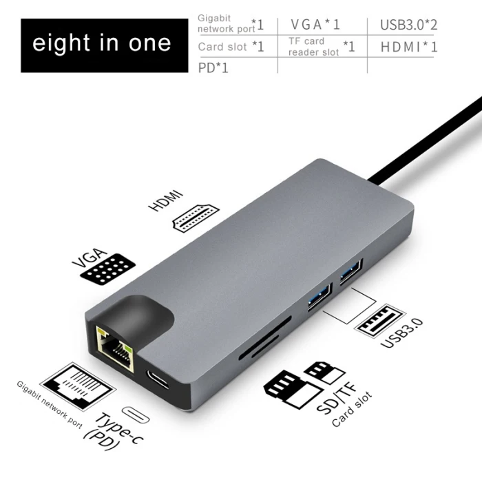 Type-C To HDMI Hub RJ45 USB3.0 TF SD AUDIO PD Multifunctional Adapter for MacBook Pro AS99