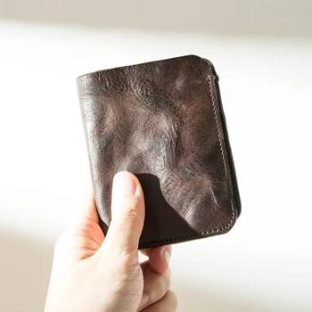 

Leather Retro Short Wallet Cowhide Coin Purse Vertical Section Ultra-thin Small Wallet Original First Layer of Leather Men Women