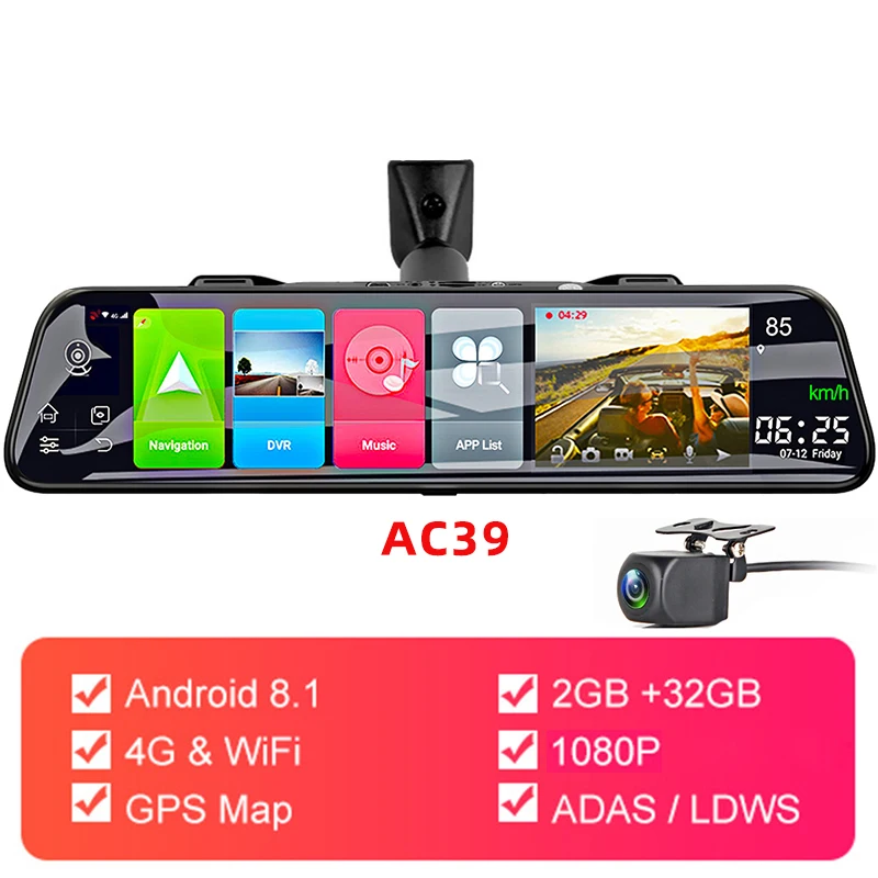 AC39 Bluavido 1" зеркало заднего вида 4G Android 8,1 dash камера 2G ram 32G rom gps навигация автомобильный видеорегистратор ADAS WiFi ночное видение - Название цвета: AC39