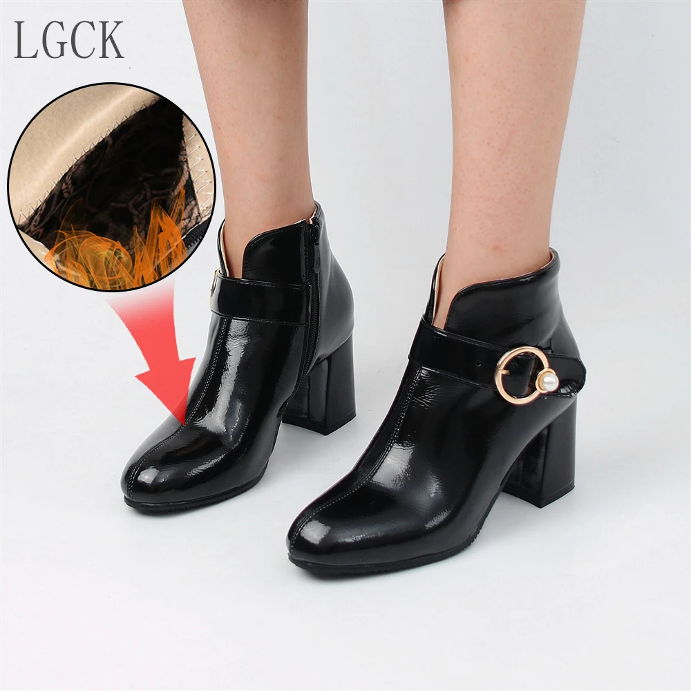 

Plus Size 34-46 New Women Shoes Autumn Winter High Heels Ankle Boots Fashion Patent Leather Woman Motorcycle Booties Botas Mujer