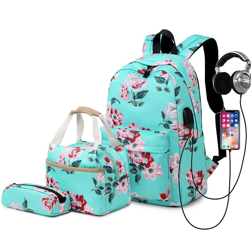 New School Backpack Set Waterproof Nylon Teen Girls Bookbags 15 inches Laptop Backpack Kids Lunch Tote Bag Clutch Purse 3