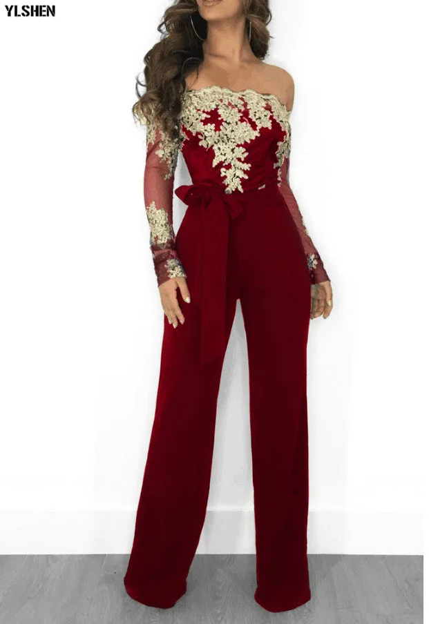 Women Jumpsuit Sexy Lace Ladies Jumpsuits Party Casual Wide Leg Overalls Off Shoulder Long Sleeve Romper Skinny Rompers Trousers 03